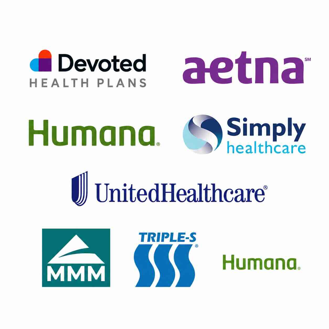 Logos de las aseguradoras que representamos: Devoted Health Plans, Aetna, Humana, Simply Healthcare, UnitedHealthcare, MMM y Triple-S